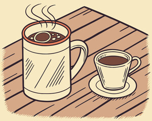 Two cups of coffee on a wooden table, one big and one small cup