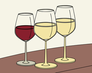 Three wine glasses with red and white wine