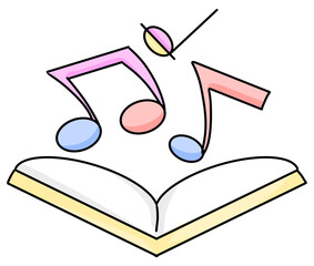 Colorful music notes flying from an open book, symbolizing creativity, learning, and inspiration.