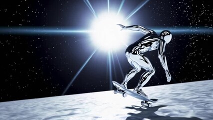 Futuristic chrome figure skateboarding across a surreal cosmic landscape with bright light - Powered by Adobe