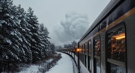 Winter train ride through snowy landscape scenic railway travel adventure transportation journey tourism