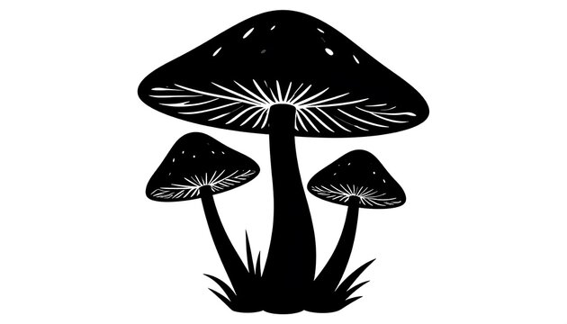 Silhouette of three mushrooms, the largest centered, with detailed gill structures, emerging from dark grass. All objects are black and contrast against the white background