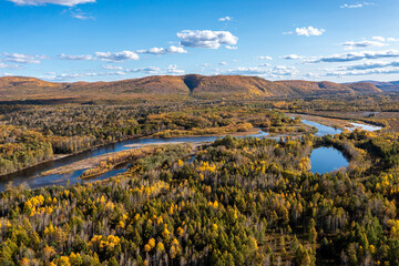 Aerial photography of autumn mountain forest road in Daxing'an Mountains