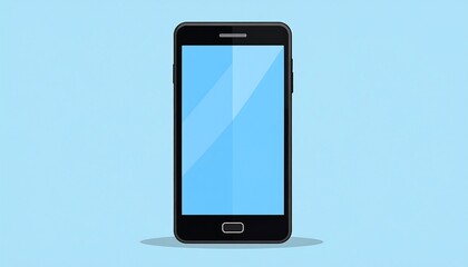Simple, flat illustration of a smartphone with a blank, blue screen. The phone is black, with a home button and volume buttons. Light blue background