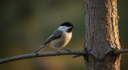 A Small Black Capped Chickadee Perched on a Tree Branch in Soft Sunlight.
