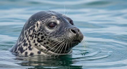 Fototapeta premium Close-up of a harbor seal swimming in the ocean water, looking at the camera.