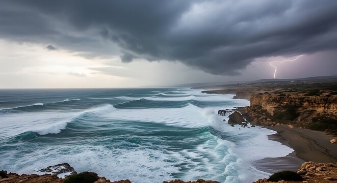 Dramatic Ocean Storm with Crashing Waves and Distant Lightning.