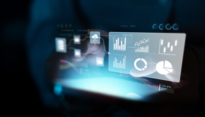 Interactive Data Analytics Dashboard and Cloud Integration Displayed on Tablet Screen.