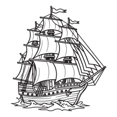 Detailed black and white illustration of a majestic tall ship sailing on choppy waves under full sail