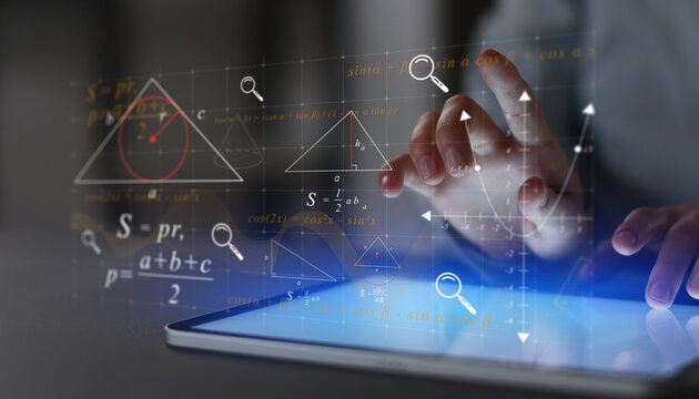 Interactive Mathematical Formulas and Geometry Diagrams Projected on Digital Tablet.
