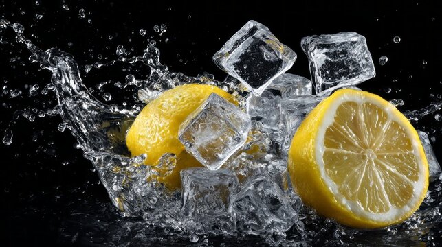 Fresh lemon splash with ice cubes in motion on a white background, refreshing citrus beverage concept with dynamic water droplets and cooling summer drink illustration