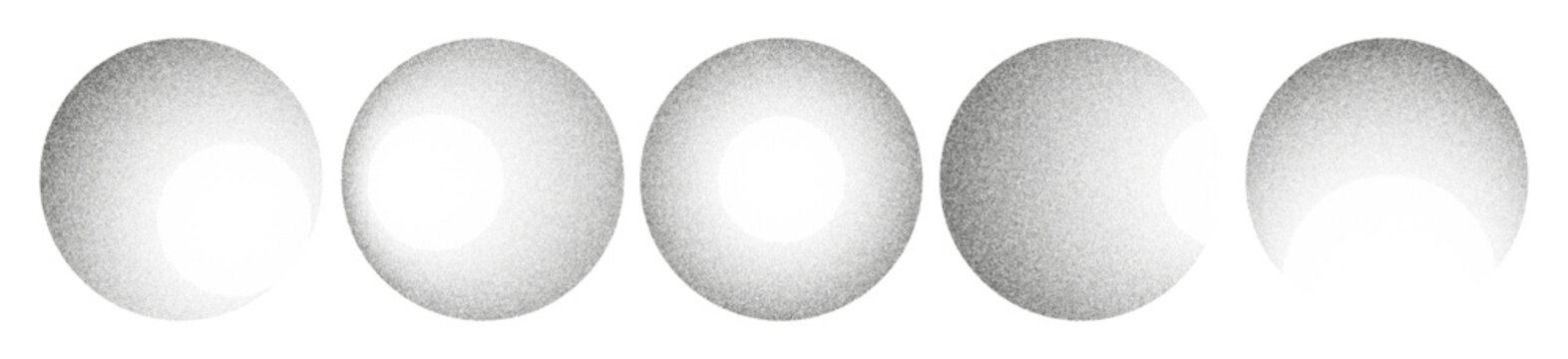 Noise spray spheres set. 3D orbs gradient with dots. Set of round grain effect. Dot dissolve texture. Gray stipple vector pattern