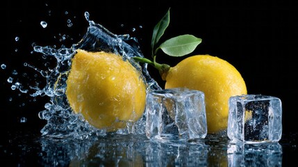Fresh lemon splash with ice cubes in motion on a white background, refreshing citrus beverage concept with dynamic water droplets and cooling summer drink illustration