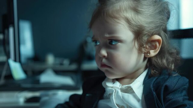 A young girl with messy hair and a frown on her face sits in front of a computer screen, looking down in disappointment or frustration.