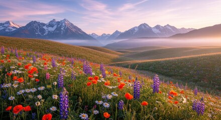 Fototapeta premium Vibrant wildflowers bloom in a field overlooking distant snow-capped mountains at sunrise