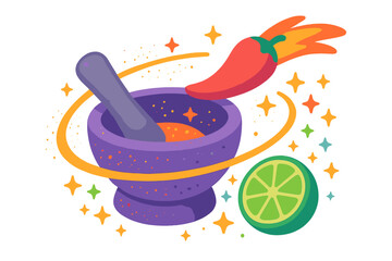 Whimsical purple mortar and pestle grinding spicy ingredients with chili and lime