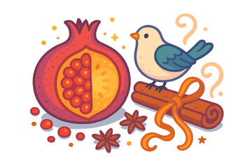Cute bird sitting on cinnamon sticks next to a halved pomegranate and star anise