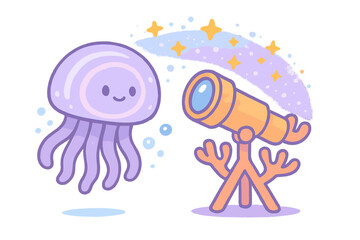 Purple jellyfish floating beside orange telescope observing cosmic stars