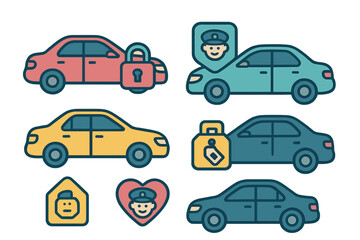 Naklejka premium Set of transportation and automotive service icons including vehicle protection, driver assistance, and rental symbols