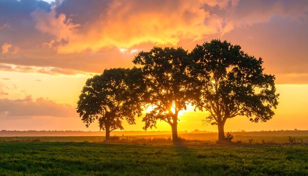 Silhouette of three trees in a vibrant field, bathed in the warm light of a sunset, with a luminous sky - Powered by Adobe
