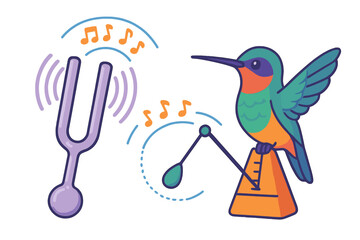 Colorful hummingbird perched on a metronome next to a vibrating tuning fork and musical notes