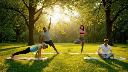 Diverse group of people practicing yoga in a sunlit park during a morning session