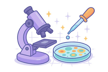 Laboratory equipment setup featuring a microscope, dropper, and petri dish with colorful cell cultures