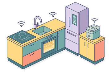 Isometric colorful smart kitchen setup with connected appliances and IoT technology