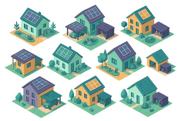 Isometric set of sustainable residential buildings featuring rooftop solar energy panels