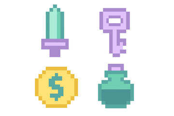 Fototapeta premium Pixelated fantasy game assets collection featuring a sword, key, gold coin, and magic potion