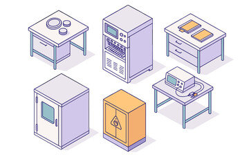 Obraz premium Scientific laboratory equipment and furniture set in isometric view