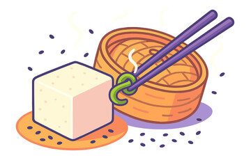 Fresh tofu cube next to a hot bamboo steamer basket held by purple chopsticks