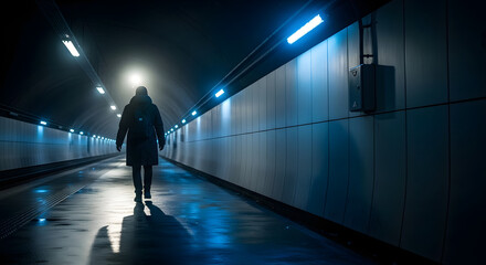 Man walking in dark tunnel with lights person in subway urban scene with backpack and coat at night