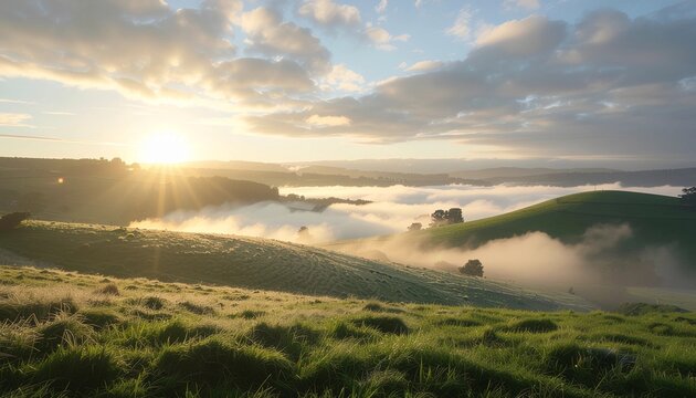 Stunning sunrise over lush green rolling hills with a dreamy misty valley view