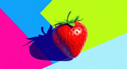Vivid, stylized strawberry with deep shadow against a vibrant, geometric background