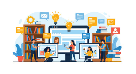 Dynamic team collaborates on innovative digital project, brainstorming ideas with lightbulbs and screens in modern office setting