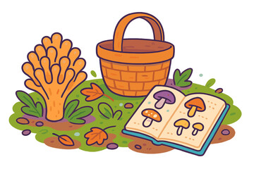 Autumn mushroom foraging setup with a woven basket, orange fungus, and field guide on the forest floor