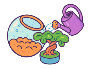 Purple watering can pouring water onto a small potted bonsai tree next to a glass bowl