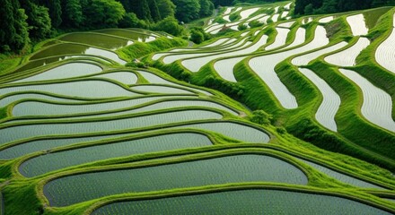 Vivid terraced rice paddies reflecting sky, surrounded by lush greenery