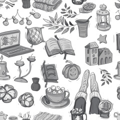 Cozy winter doodles hand drawn sketch set cup with marshmallows home comfort warmth objects cute style cartoon books candles