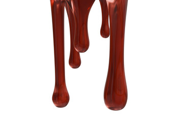 Glossy, thick dark red liquid slowly drips, forming elongated, viscous rivulets. The fluid substance reflects light softly