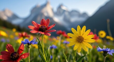 Vivid wildflowers bloom in a meadow, majestic mountains softly blurred in the background