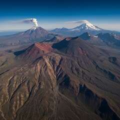 Aerial view of active volcanoes and snow-capped peaks in a vast mountain range.