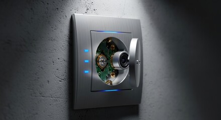 Wall light switch with open safe door revealing circuitry