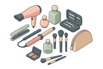 Isometric set of essential beauty and cosmetic products, hair styling tools, and makeup accessories