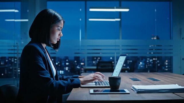 woman types on laptop keyboard at desk. coffee mug and tablet sit beside laptop. lamp illuminates window and skyline at night. work surface with papers and device. notepad pen rest near desk.