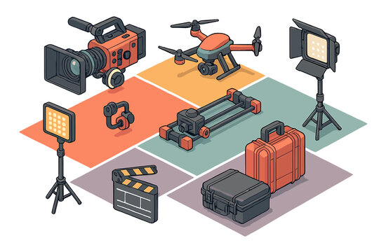 Professional filmmaking and video production equipment set in isometric view