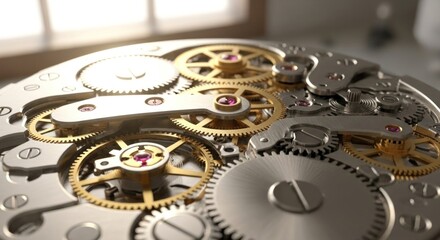 Watch internals gears, springs, and movement exposed in a close up detail shot