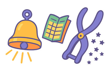 Golden bell, green folded booklet, and large purple tongs with scattered stars