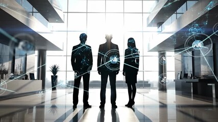 Three silhouetted business people standing in a modern office lobby with futuristic digital overlays - Powered by Adobe